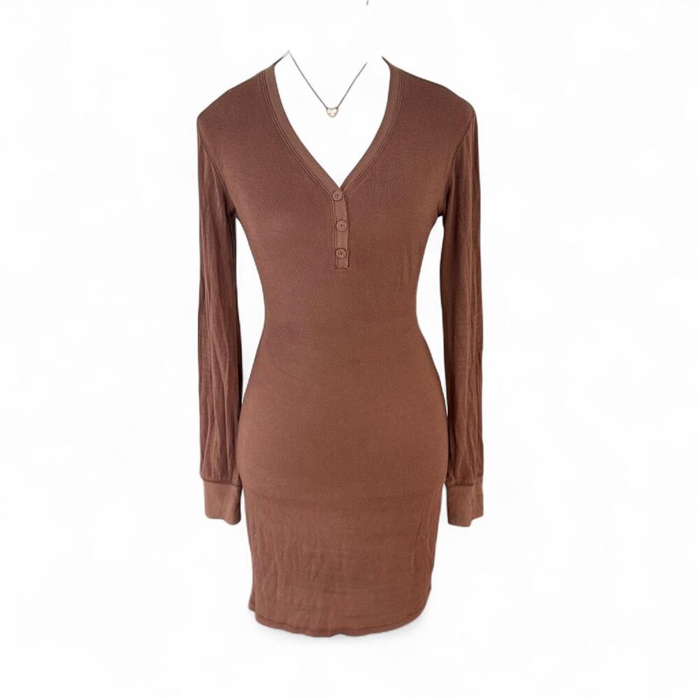 Brown Skims Cotton Henley Loungwear mini dress long sleeve size small
